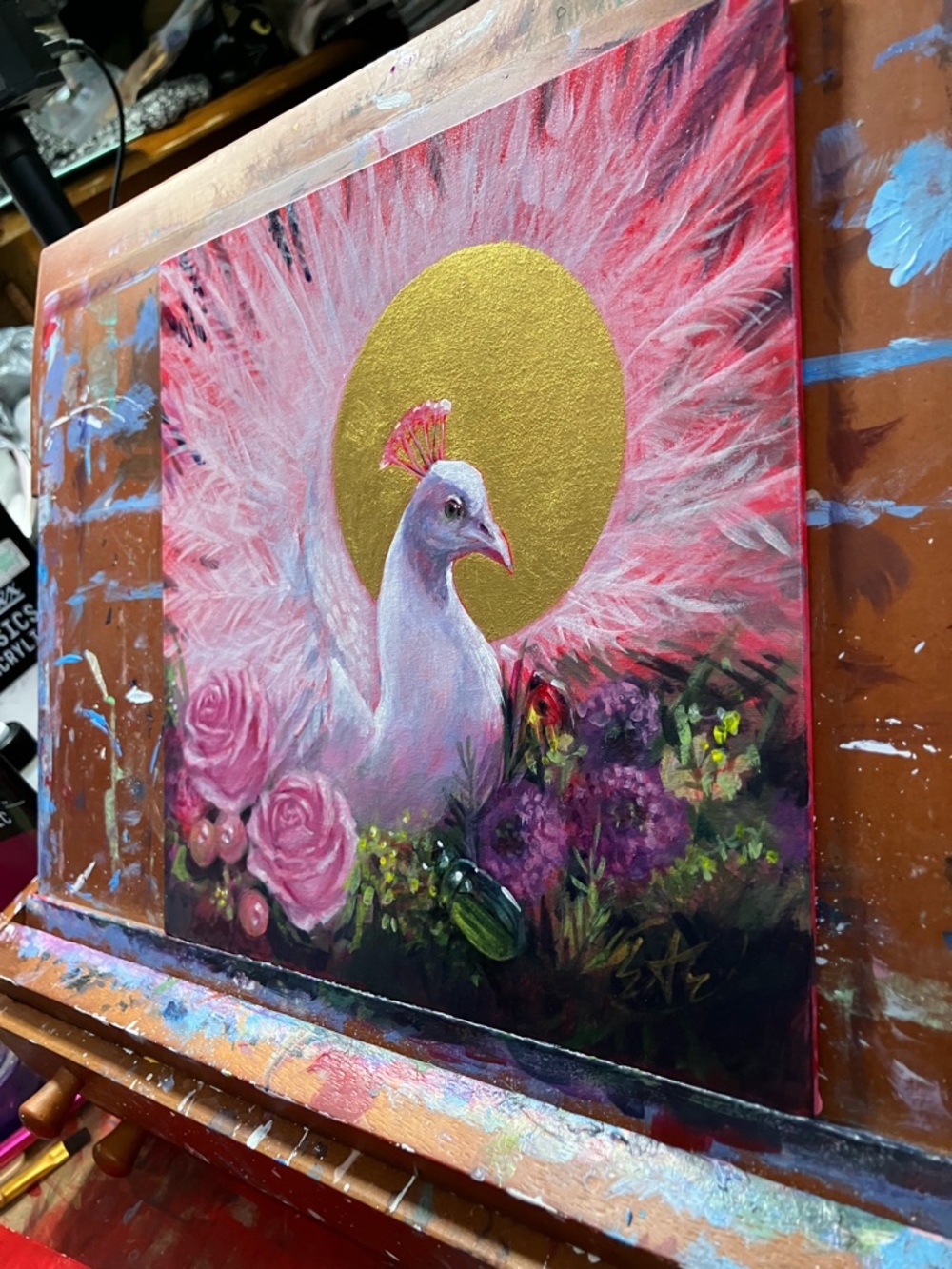 Original White peacock painting surreal art bouquet floral still life - Picture 4 of 8